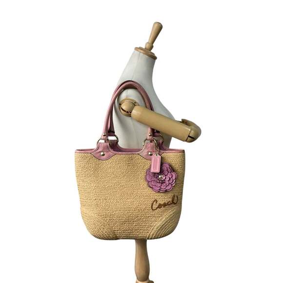 Coach 13373 Women's Straw Tote Bag with Tea Rose Flower Charm, Beige and Pink... - Picture 4 of 16